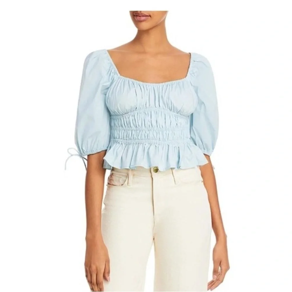 STAUD Faye Smocked Ruffle Blouse Top Winter Sky Blue 10